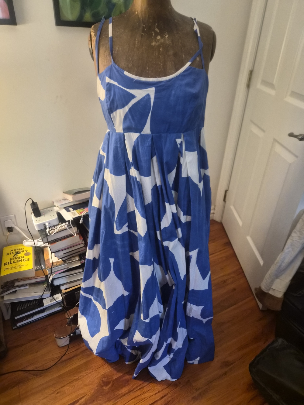 Anthropologie Blue and White Abstract Print Maxi Dress